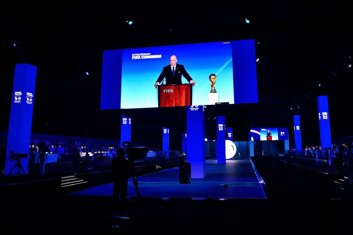 A speech by Fifa president Gianni Infantino is broadcasted on a screen during a ceremony in the capital Riyadh on Decr 11 as the Fifa Congress votes for the hosting rights for the 2034 World Cup .