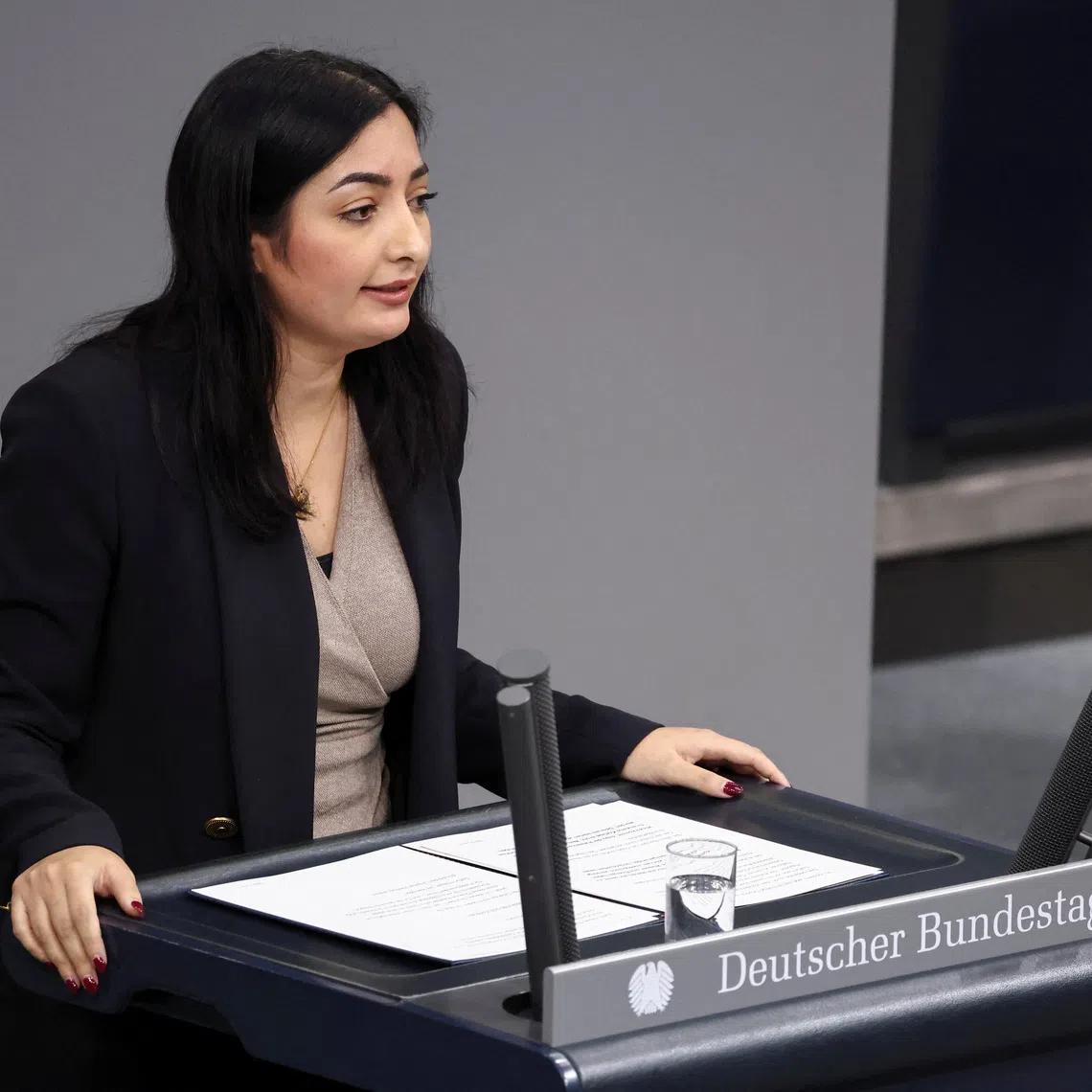 German Minister for Economic Cooperation and Development Reem Alabali Radovan speaks at the lower house of parliament, the Bundestag, in Berlin, Germany, October 8, 2025. REUTERS/Nadja Wohlleben
