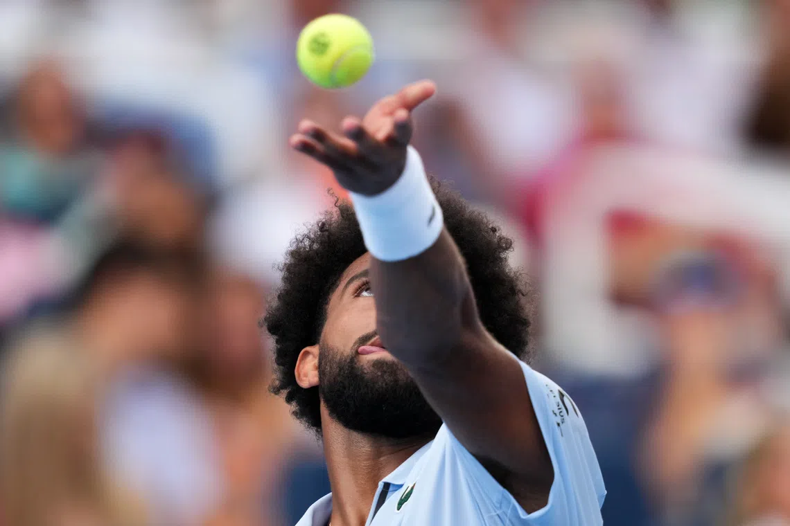 Aug 23, 2026; Cincinnati, OH, USA;  Arthur Fils (FRA) serves to Frances Tiafoe (USA) during the finals of the Cincinnati Open at Lindner Family Tennis Center. Mandatory Credit: Aaron Doster-Imagn Images