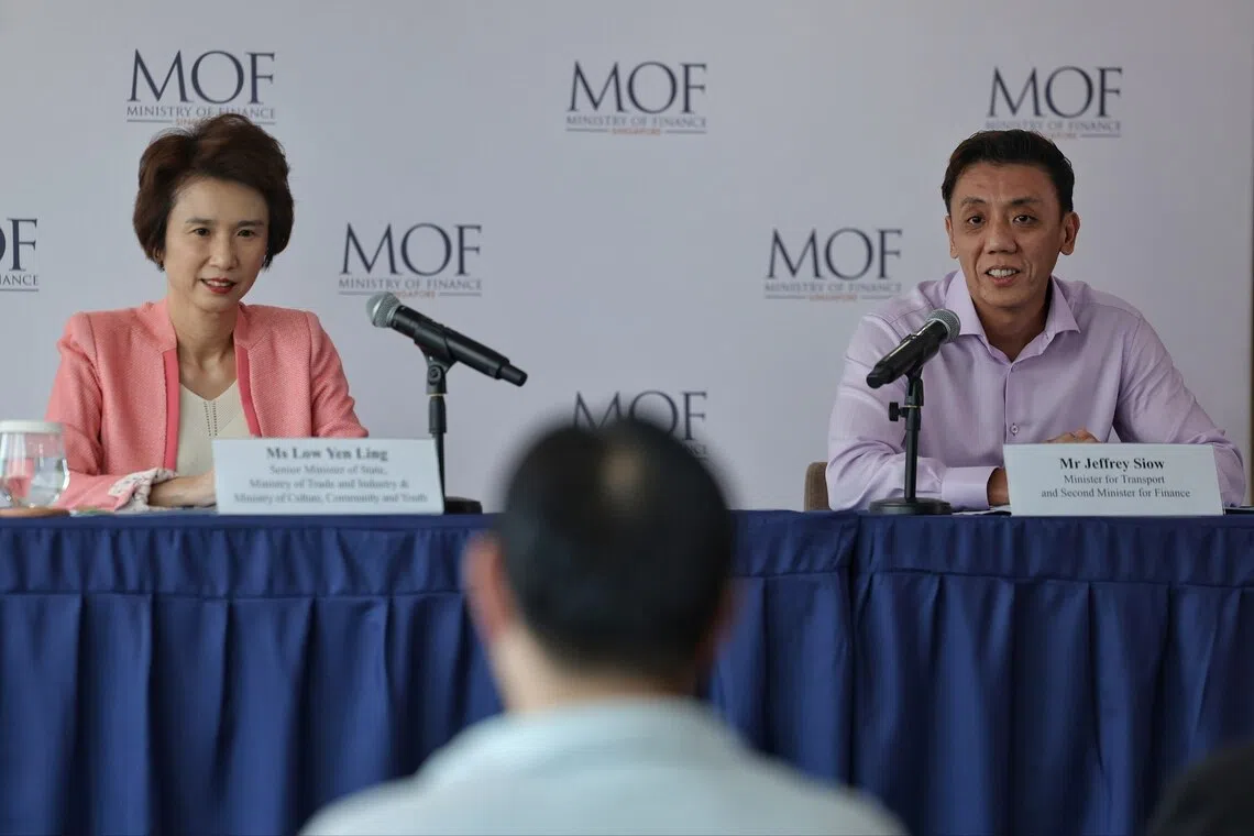 (From left) Senior Minister of State for Trade and Industry and Culture, Community and Youth Low Yen Ling and Transport Minister and Second Minister for Finance Jeffrey Siow at a press conference at The Treasury on July 29 to announce the second tranche of assistance measures in response to the Middle East situation.