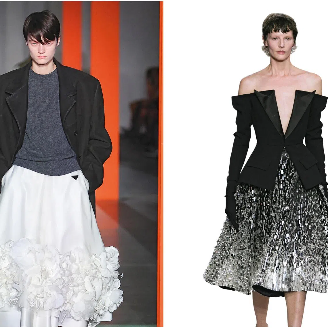Prada (left) styles the circle skirt with a crew-neck sweater and boxy blazer for effortless style.. Balmain's circle skirt with  shimmer and drama. 