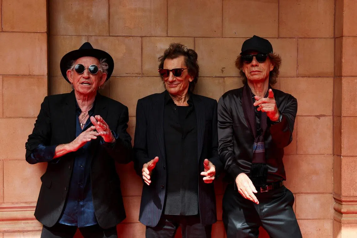Rolling Stones band members Mick Jagger, Keith Richards and Ronnie Wood attend a launch event for their new album Hackney Diamonds, at Hackney Empire in London, Britain, on Sept6, 2023. 