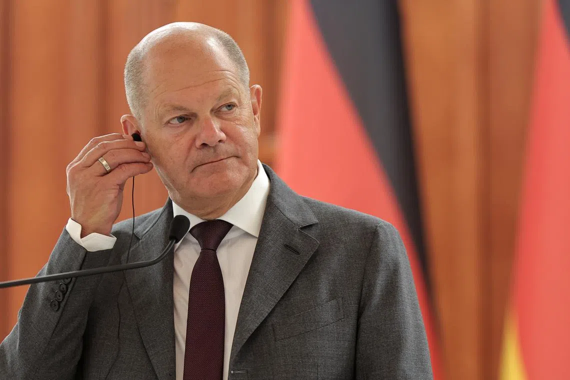 German Chancellor Olaf Scholz attends a press conference following talks with Moldovan President Maia Sandu in Chisinau, Moldova August 21, 2024. REUTERS/Vladislav Culiomza