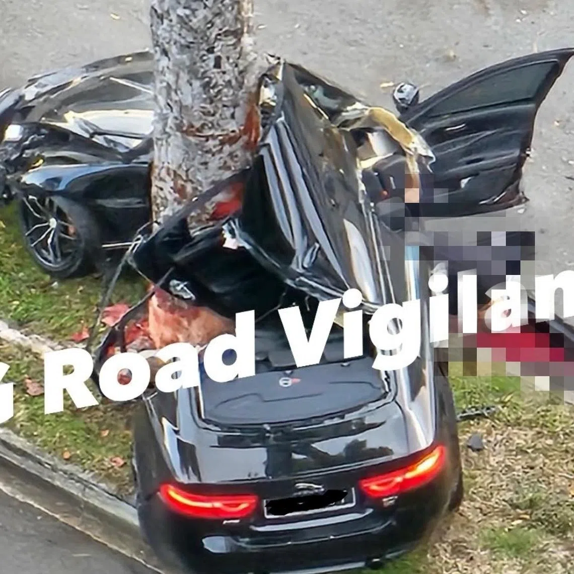 The black sedan seen wrapped around a tree in Clementi.