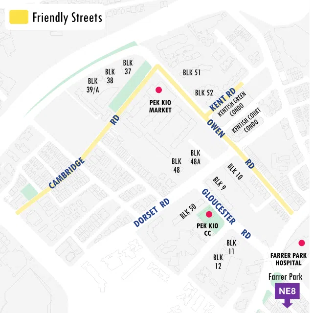 The Pek Kio Friendly Streets serve the residents along Cambridge Road, Owen Road, and Kent Road.
