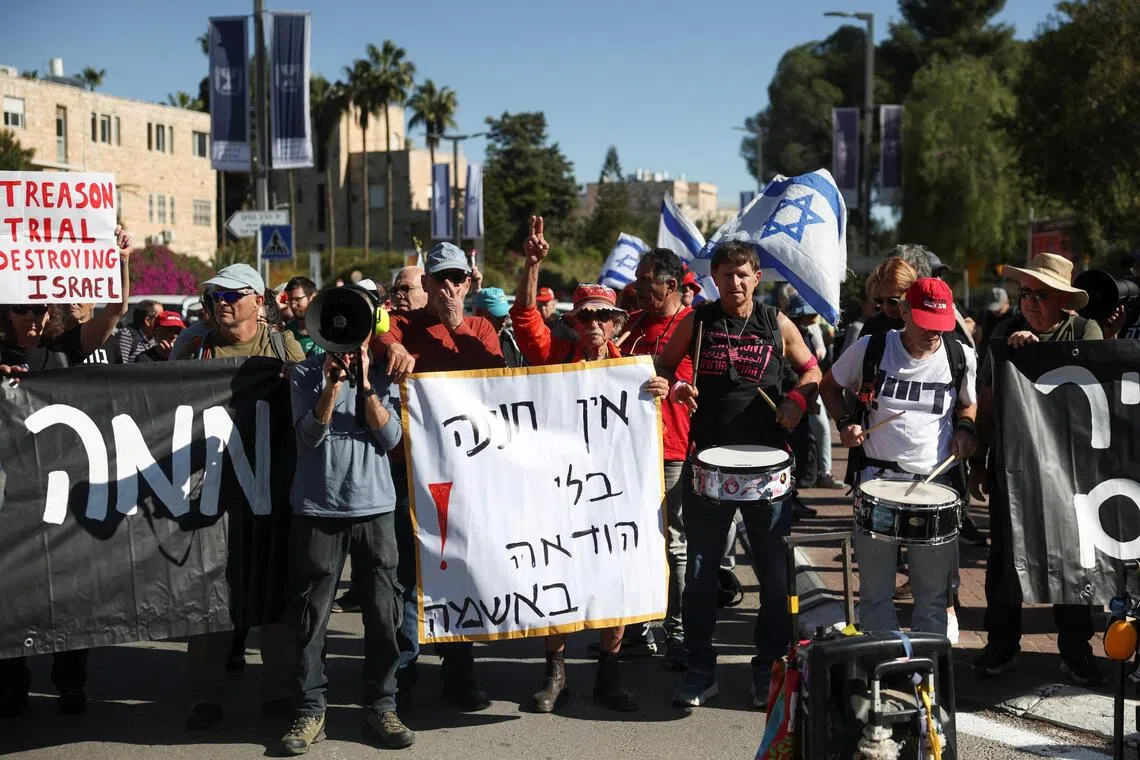 Israelis protest after Prime Minister Benjamin Netanyahu's attempt for President Isaac Herzog to pardon him in his criminal trials.