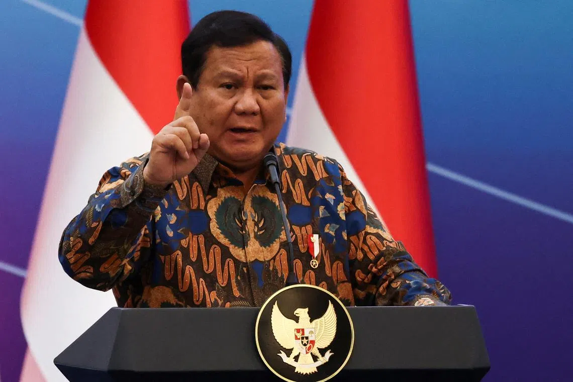 Indonesia's President Prabowo Subianto delivers his speech during an economic gathering with the topic of \"Strengthening the Resilience of the National Economy\" in Jakarta, Indonesia, April 8, 2025. REUTERS/Willy Kurniawan