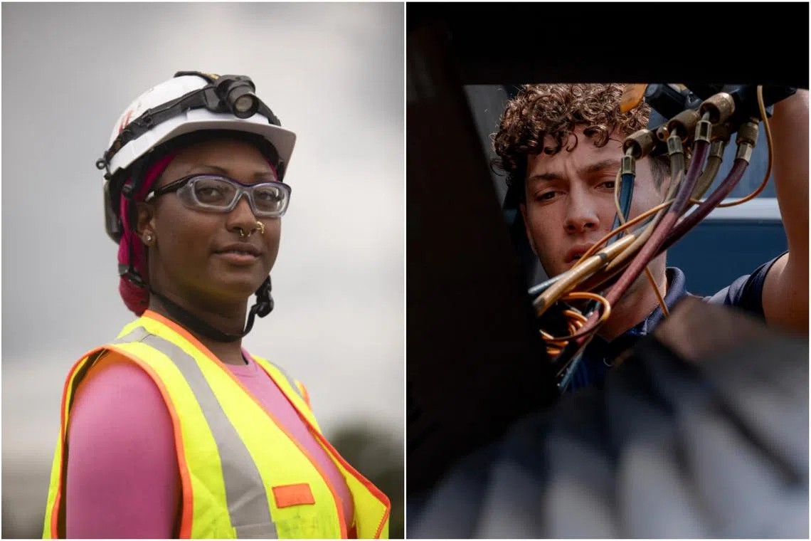 LaDonna Glass (left) decided to pursue an apprenticeship as an electrician after one year at Mississippi State University; Ryan Shikhman (right), an HVAC technician, examines an air-conditioning unit on a service call in New York.