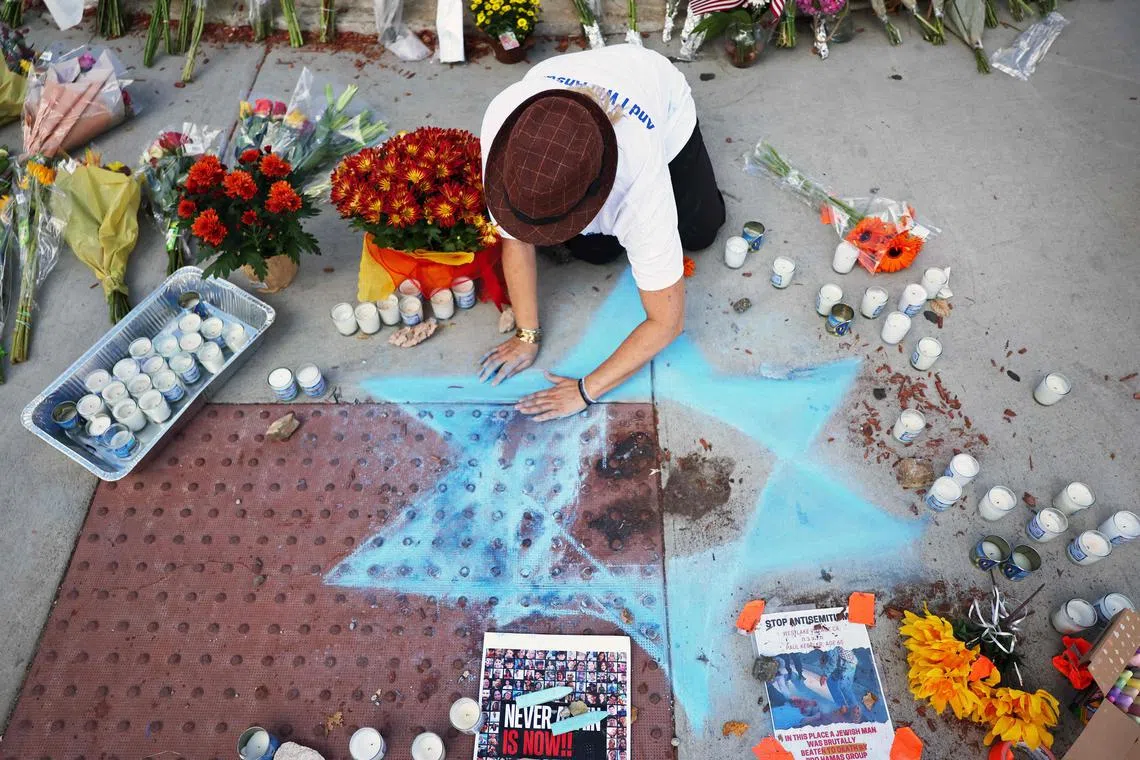 A makeshift memorial at the site of an altercation between Paul Kessler, who was Jewish, and pro-Palestinian protestor, in Thousand Oaks, California.