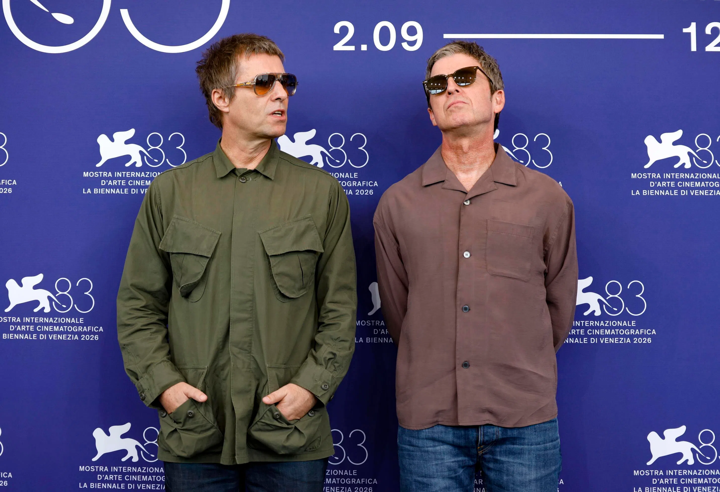 epa13214119 (L-R) Liam and Noel Gallagher of the rock band Oasis pose for the photocall of 'Oasis: Don't Look Back in Anger' at the 83rd annual Venice International Film Festival in Venice, Italy, 05 September 2026. The movie is presented out of the competition at the festival running from 02 to 12 September 2026.  EPA/FABIO FRUSTACI