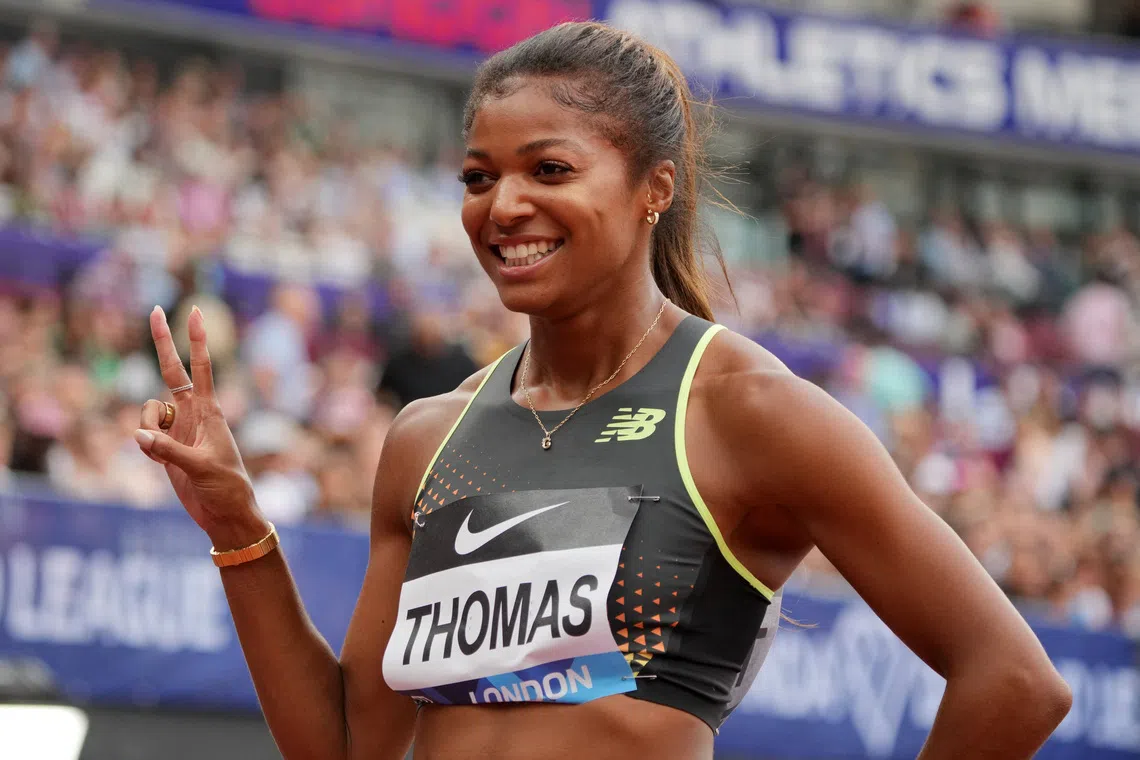Jul 20, 2024; London, United Kingdom; Gabrielle Thomas aka Gabby Thomas (USA) poses after winning the women's 200m in a meet record 21.82 during the London Athletics Meet at London Stadium. Mandatory Credit: Kirby Lee-USA TODAY Sports