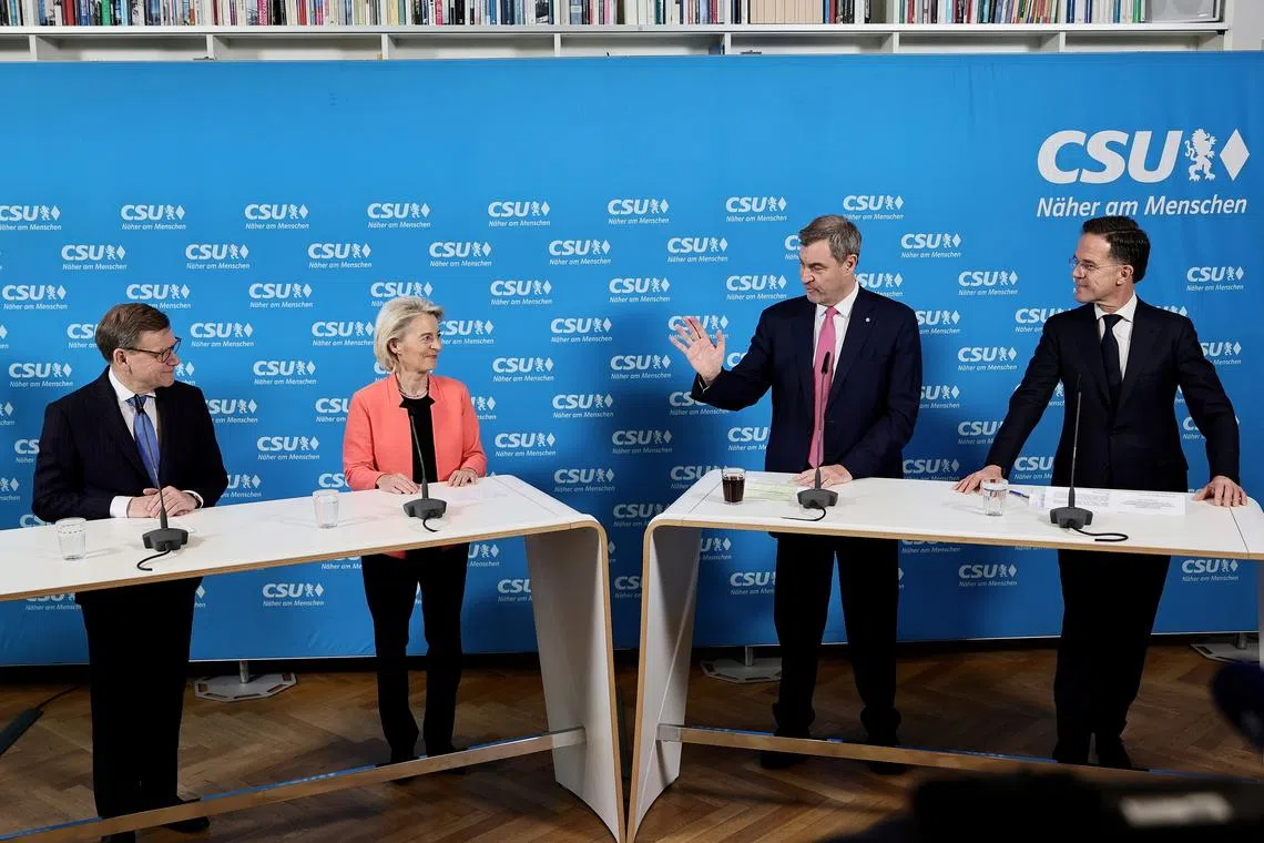 (From left) German Foreign Minister Johann Wadephul, European Commission President Ursula von der Leyen, State Premier of Bavaria Markus Soeder and NATO Secretary-General Mark Rutte give a press statement during the 62nd Munich Security Conference in Munich on Feb 13.