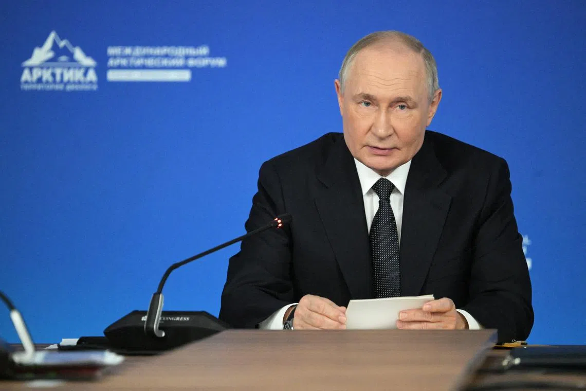 Russian President Vladimir Putin attends the International Arctic Forum in Murmansk, Russia March 27, 2025. Sputnik/Alexey Nikolskiy/Pool via REUTERS