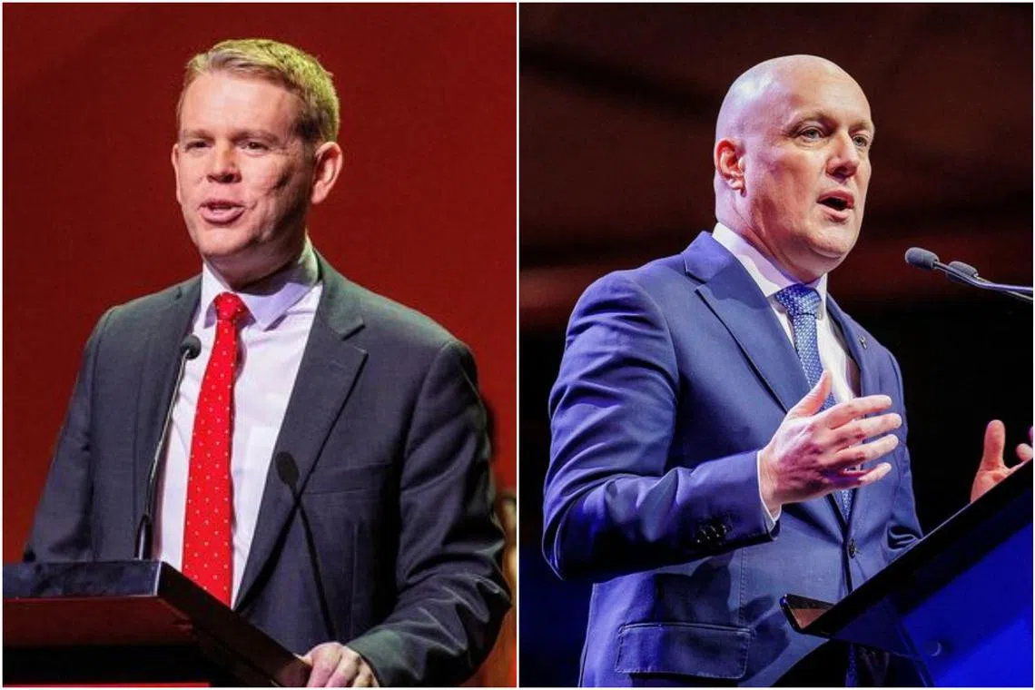 New Zealand Prime Minister Chris Hipkins (left) congratulated the National Party led by Christopher Luxon on Oct 14.