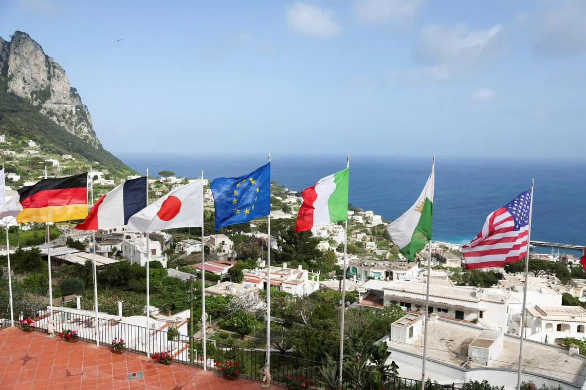 File photo: A view of German, French, Japanese, European Union, Italian, Capri and US flags blowing in the wind, ahead of the G7 Foreign Ministers summit, in Capri, Italy, April 17, 2024. REUTERS/Claudia Greco/File photo