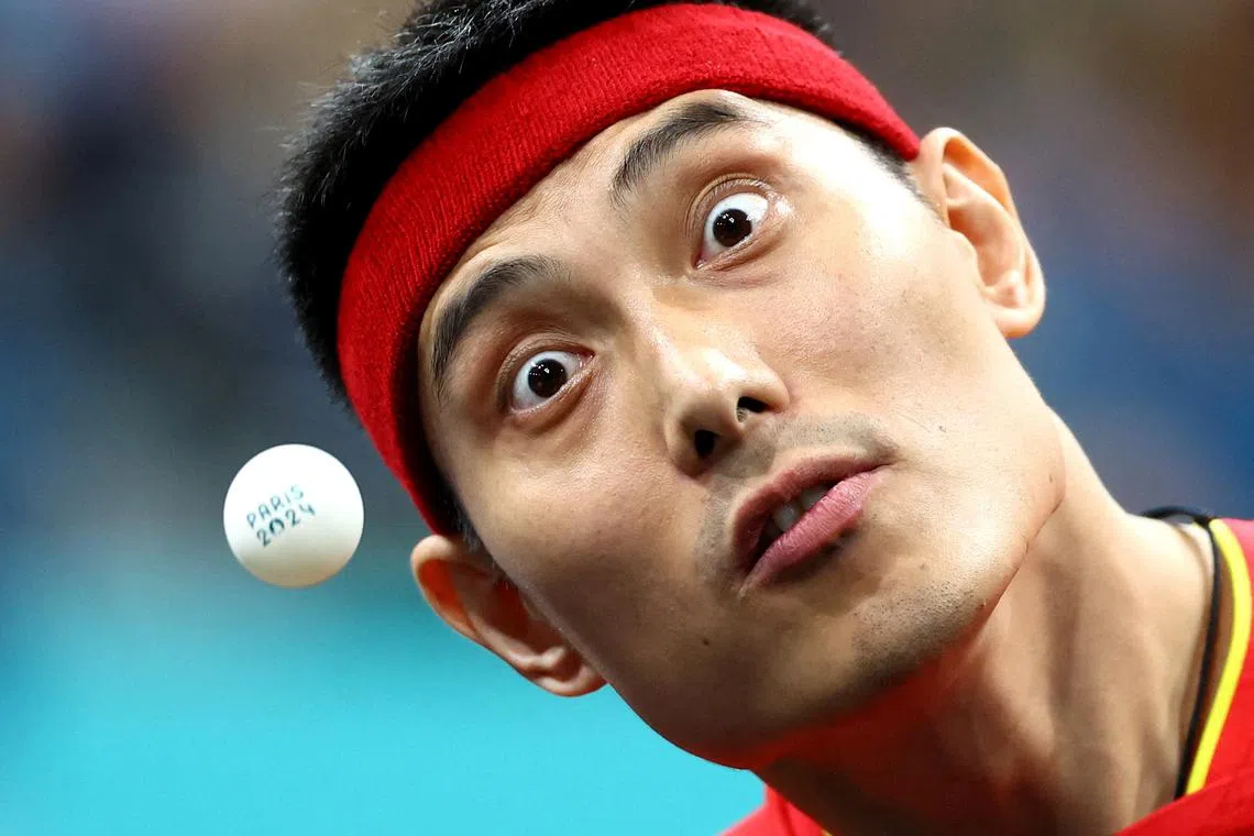 Panfeng Feng of China in action during the Paris 2024 Paralympics Men's Doubles match in Paris, France on Aug 31, 2024.