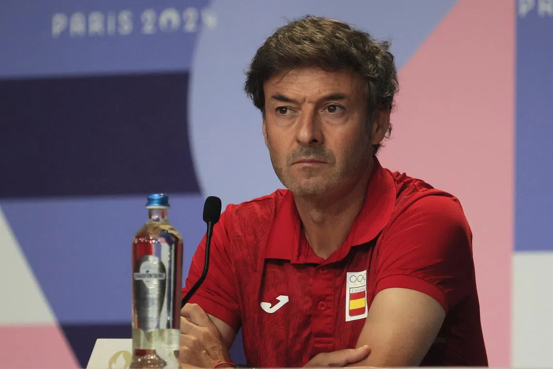 Paris 2024 Olympics - Spain Men's Football Press Conference - Main Press Centre, Paris, France - August 08, 2024.   Spain coach Santi Denia during the press conference. REUTERS/Carlos Perez Gallardo