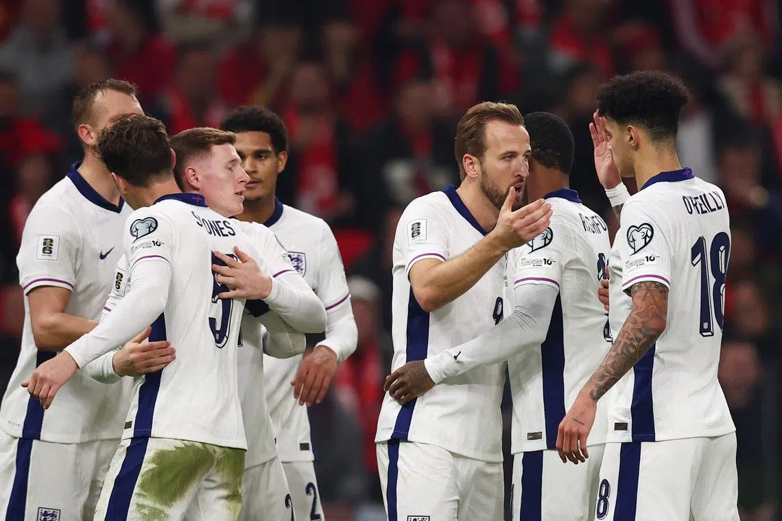 Soccer Football - World Cup - UEFA Qualifiers - Group K - Albania v England - Air Albania Stadium, Tirana, Albania - November 16, 2025 England's Harry Kane celebrates scoring their second goal with teammates REUTERS/Florion Goga