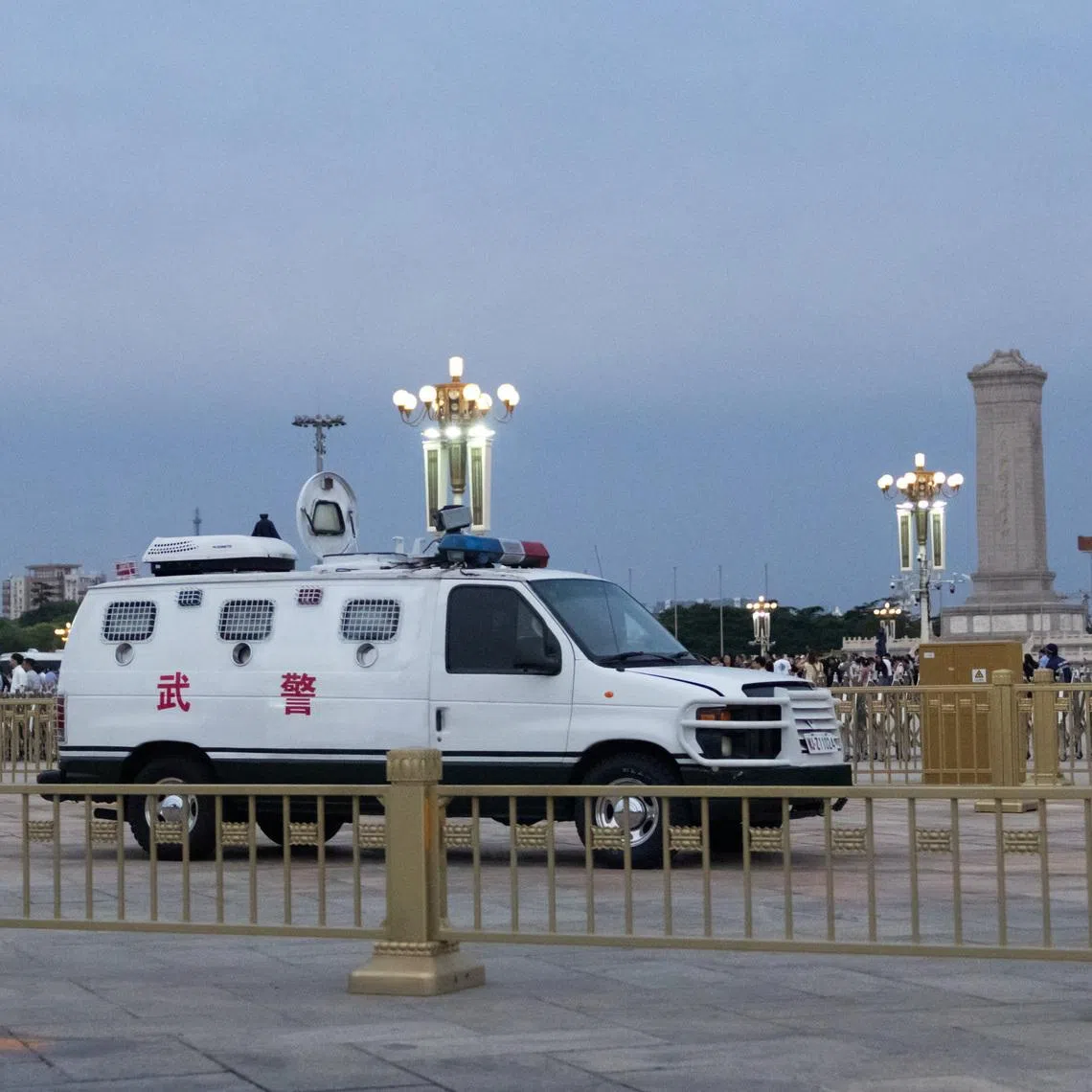 An armoured police car parked in the Tiananmen Square in Beijing on June 3, 2026.