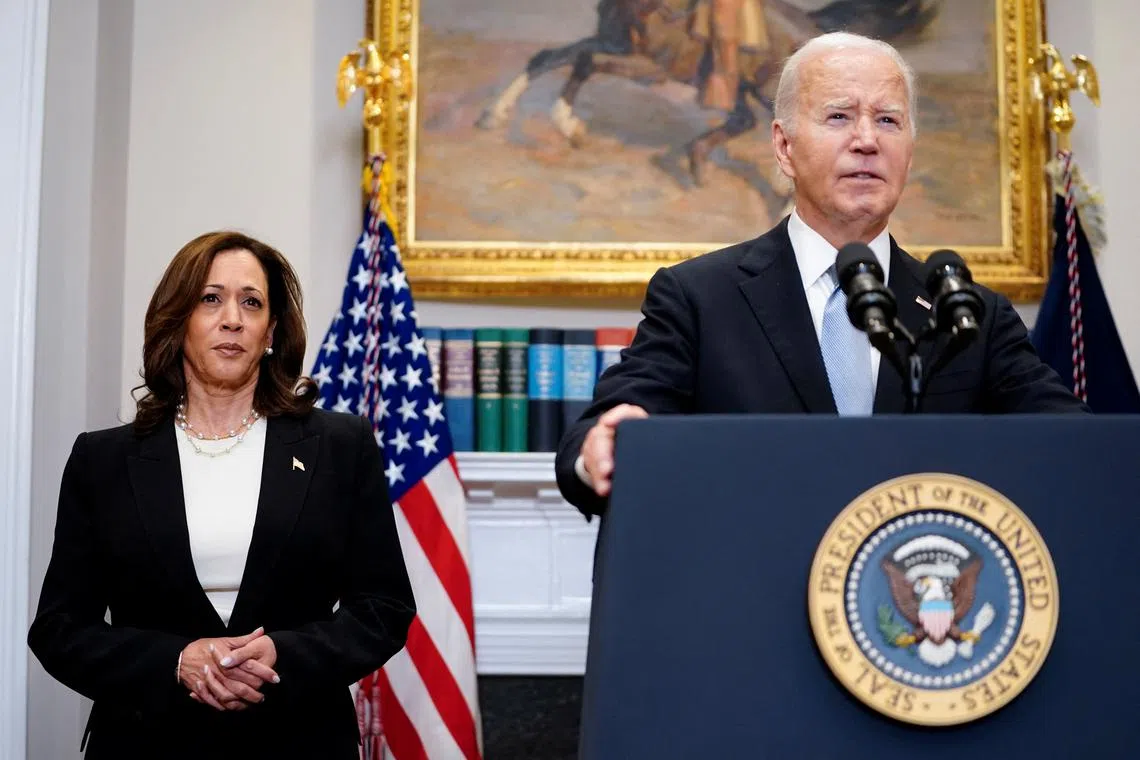 US President Joe Biden speaks next to Vice President Kamala Harris as he delivers a statement at the White House on July 14. 