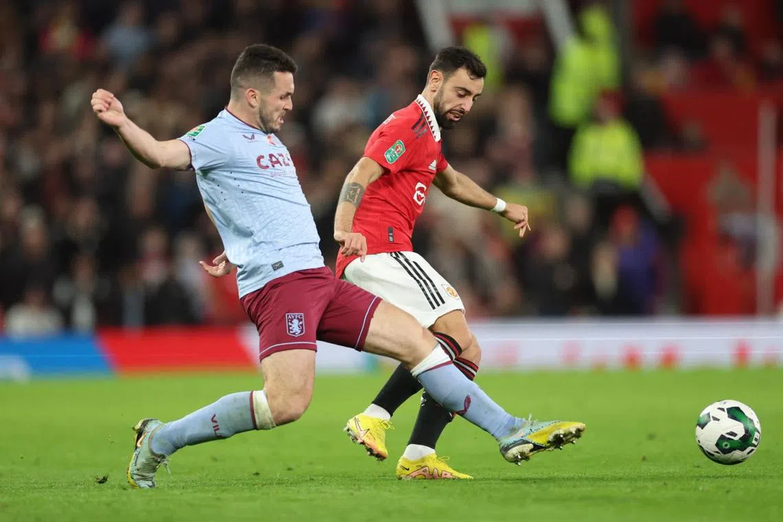 Bruno Fernandes (right) scored Manchester United's third goal against Aston Villa at Old Trafford in Britain on Nov 10, 2022.