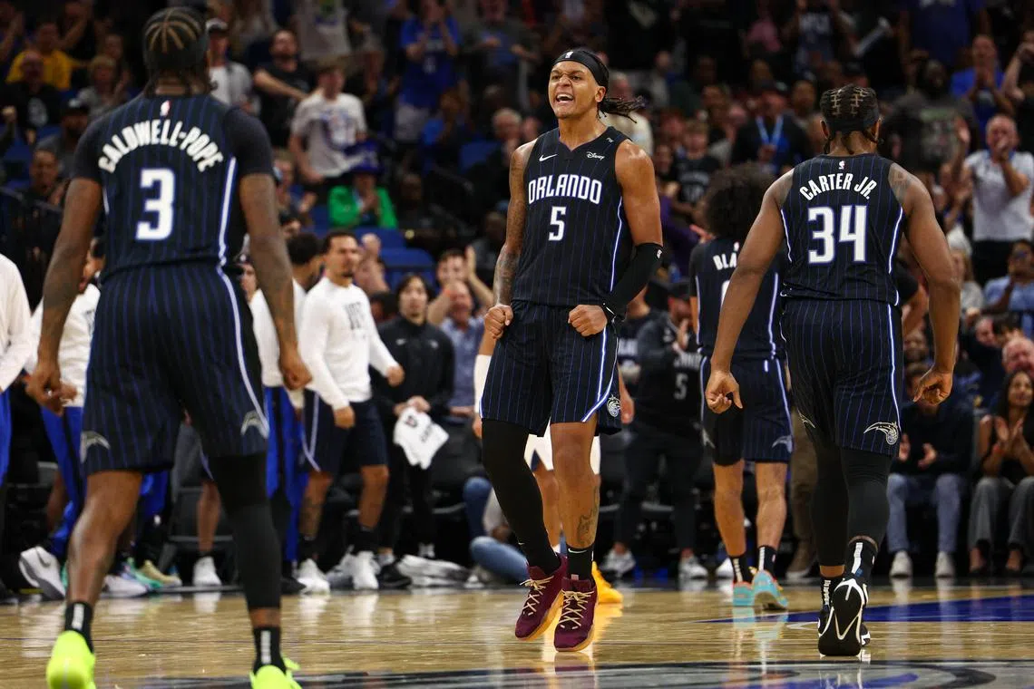 Orlando Magic forward Paolo Banchero celebrates after a basket against the Indiana Pacers in the fourth quarter at Kia Centre.