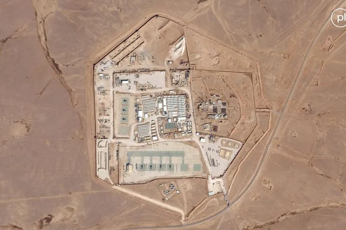 FILE PHOTO: Satellite view of the U.S. military outpost known as Tower 22, in Rukban, Rwaished District, Jordan October 12, 2023 in this handout image. Planet Labs PBC/Handout via REUTERS/File Photo
