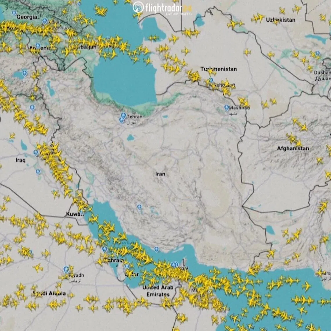Empty airspace over Iran in January, during a temporary closure of the country's airspace.