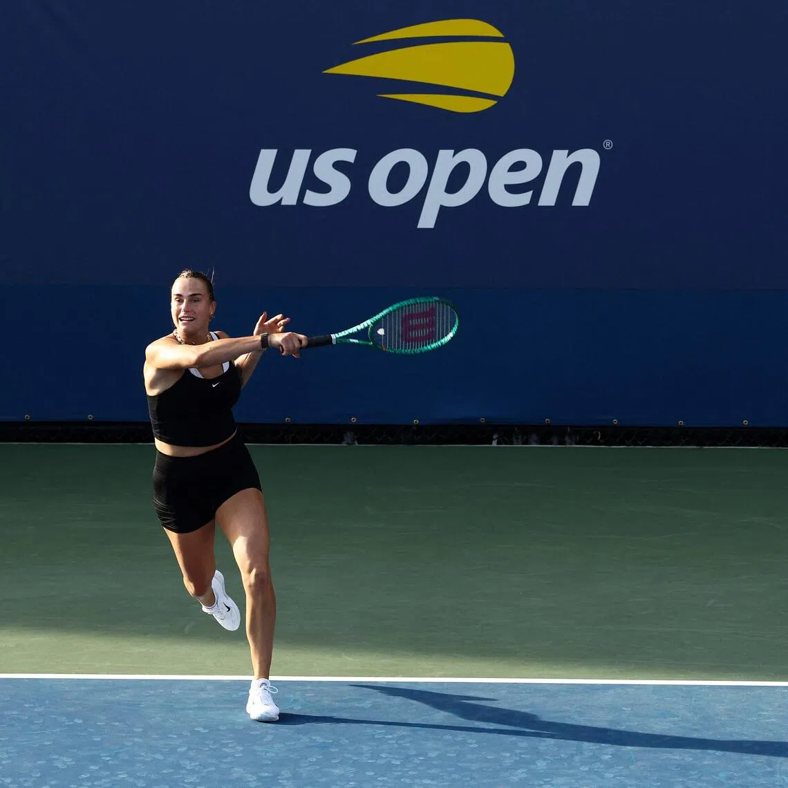 Belarus’ world No. 1 Aryna Sabalenka training at USTA Billie Jean King National Tennis Center in New York on Aug 26.