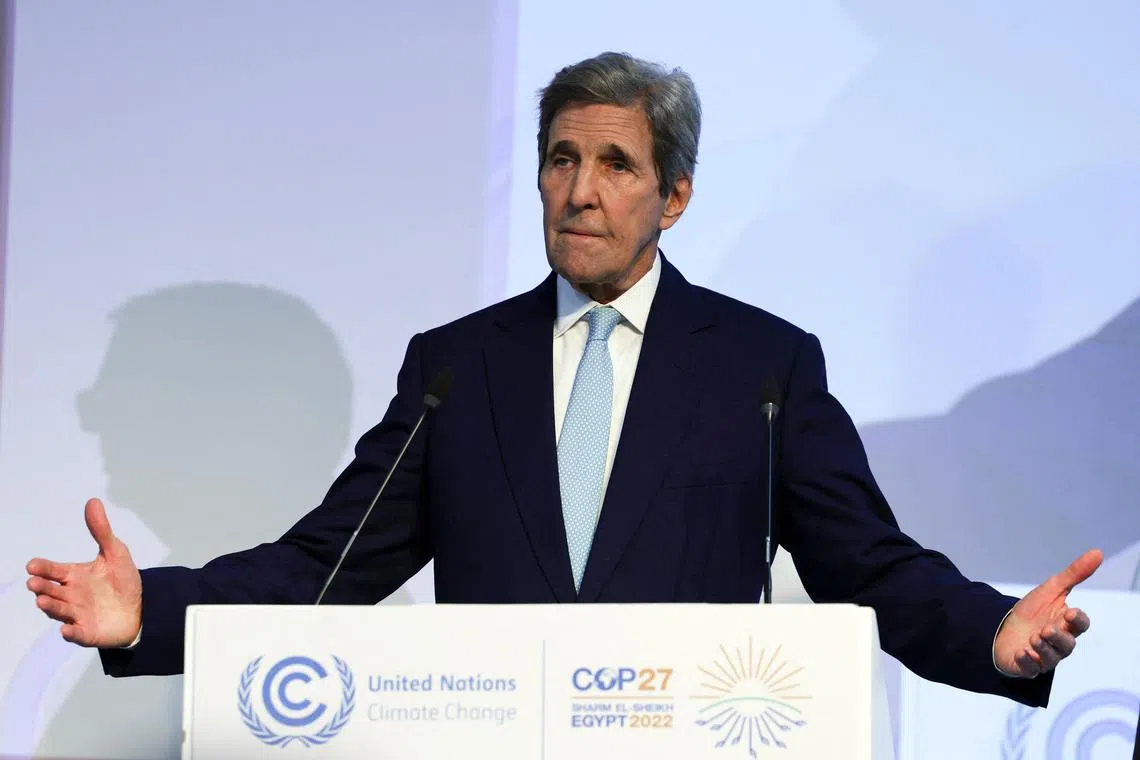 US climate envoy John Kerry gives a press conference during the COP27 climate summit, on Nov 12, 2022.