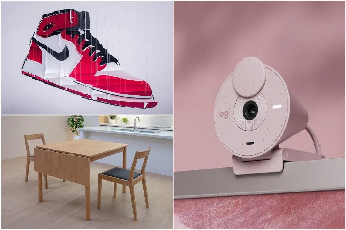 (Clockwise from top left) Artist Michael Murphy's mulidirectional illusion sculpture, Muji’s new rubberwood furniture series  and Logitech’s Brio 300 webcam.