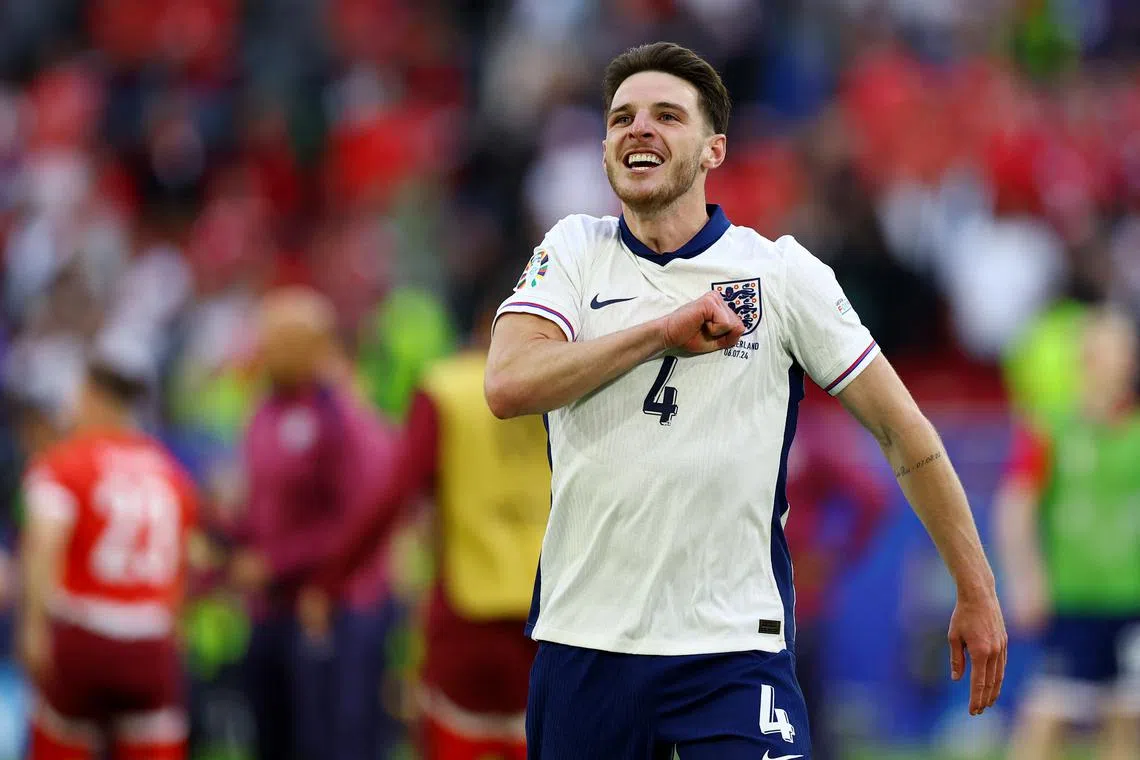 Soccer Football - Euro 2024 - Quarter Final - England v Switzerland - Dusseldorf Arena, Dusseldorf, Germany - July 6, 2024 England's Declan Rice celebrates after the match REUTERS/Lee Smith