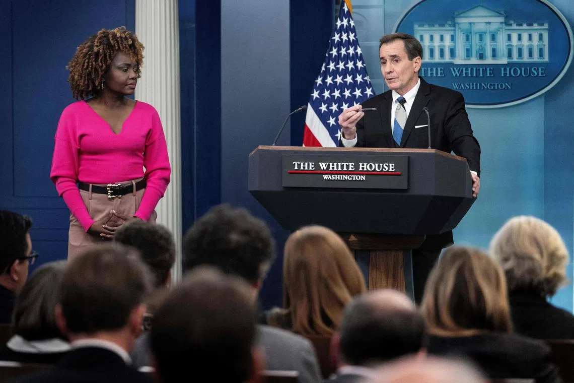 White House Press Secretary Karine Jean-Pierre (L) looks on as US National Security Council spokesman John Kirby speaks during the daily press briefing at the White House in Washington, DC, on February 15, 2024. (Photo by Jim WATSON / AFP)