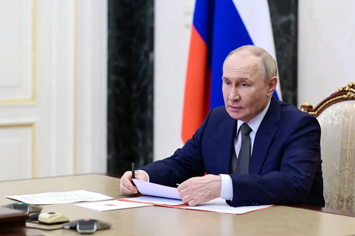 Russian President Vladimir Putin chairs a meeting with members of the Security Council via a video link in Moscow, Russia, May 16, 2025. Sputnik/Pavel Byrkin/Pool via REUTERS