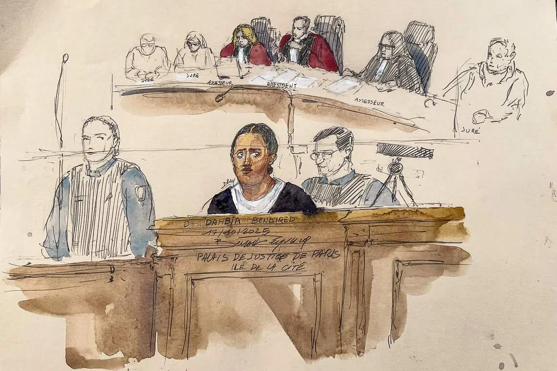 A court sketch showing Dahbia Benkired during her trial over the rape and murder of a 12-year-old Parisian girl, on Oct 17.