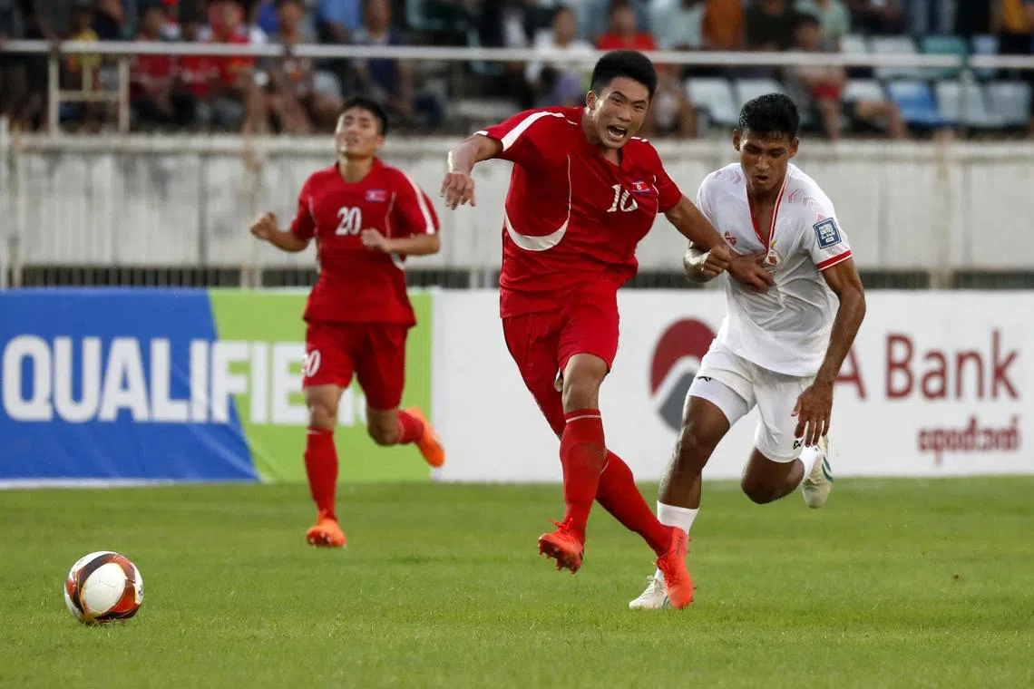 Han Kwang Song of North Korea during a World Cup qualifier against Myanmar on Nov 21, 2023.