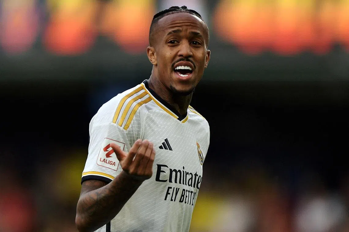 FILE PHOTO: Soccer Football - LaLiga - Villarreal v Real Madrid - Estadio de la Ceramica, Villarreal, Spain - May 19, 2024 Real Madrid's Eder Militao reacts REUTERS/Pablo Morano/File Photo