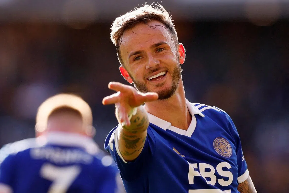Leicester City's James Maddison celebrating scoring their third goal against Wolverhampton Wanderers on Oct 23.