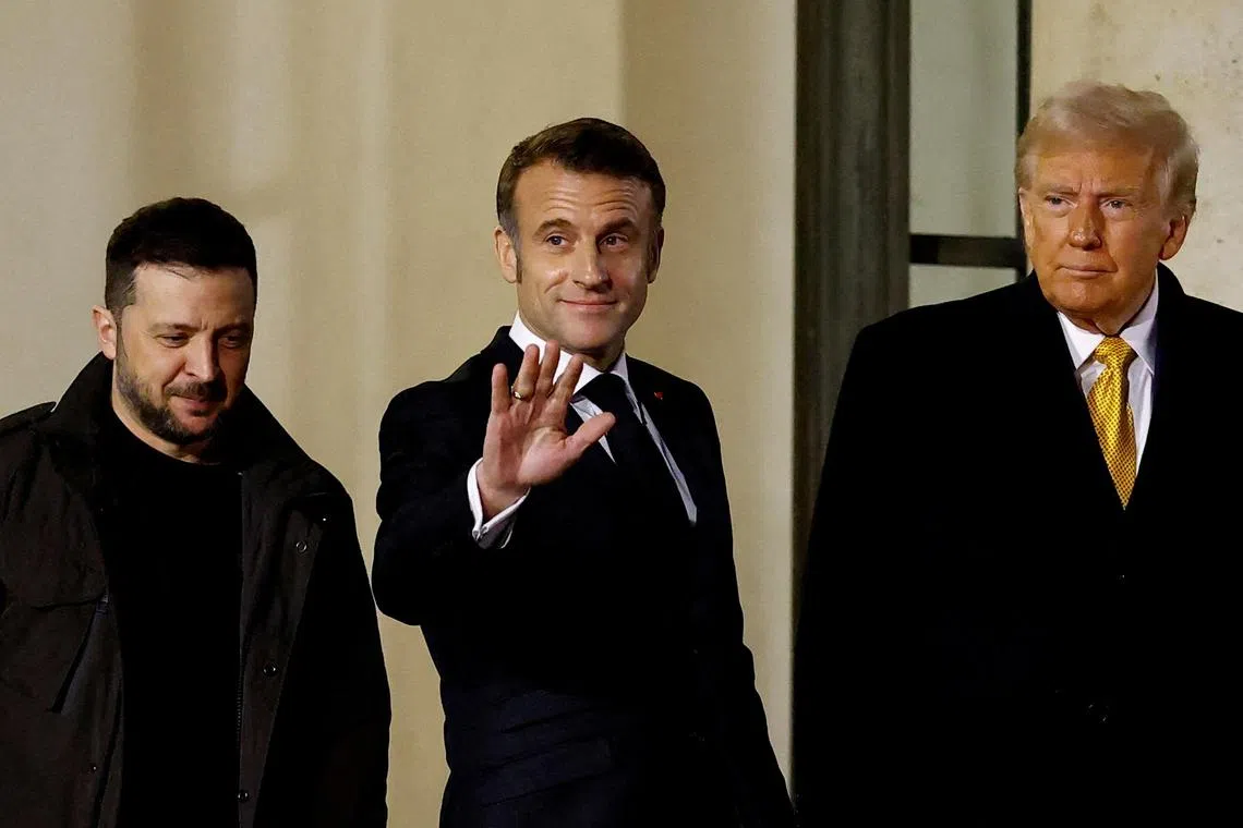 (From left) Ukrainian President Volodymyr Zelensky, French President Emmanuel Macron and then US President-elect  Donald Trump, during a meeting at the Elysee Palace in Paris, in December 2024.