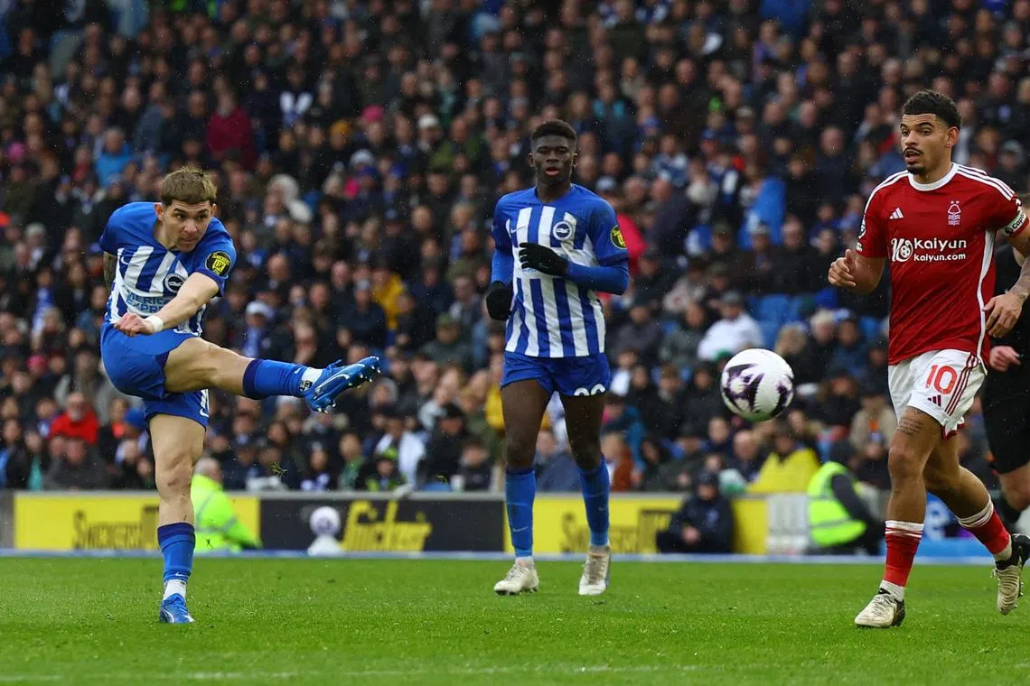 Soccer Football - Premier League - Brighton & Hove Albion v Nottingham Forest - The American Express Community Stadium, Brighton, Britain - March 10, 2024 Brighton & Hove Albion's Julio Enciso shoots at goal Action Images via Reuters/Paul Childs