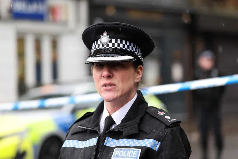 Chief Superintendent Emma Aldred, area commander for Derby issuing a statement near to a cordon set up on Friar Gate in central Derby, England on March 29, 2026.