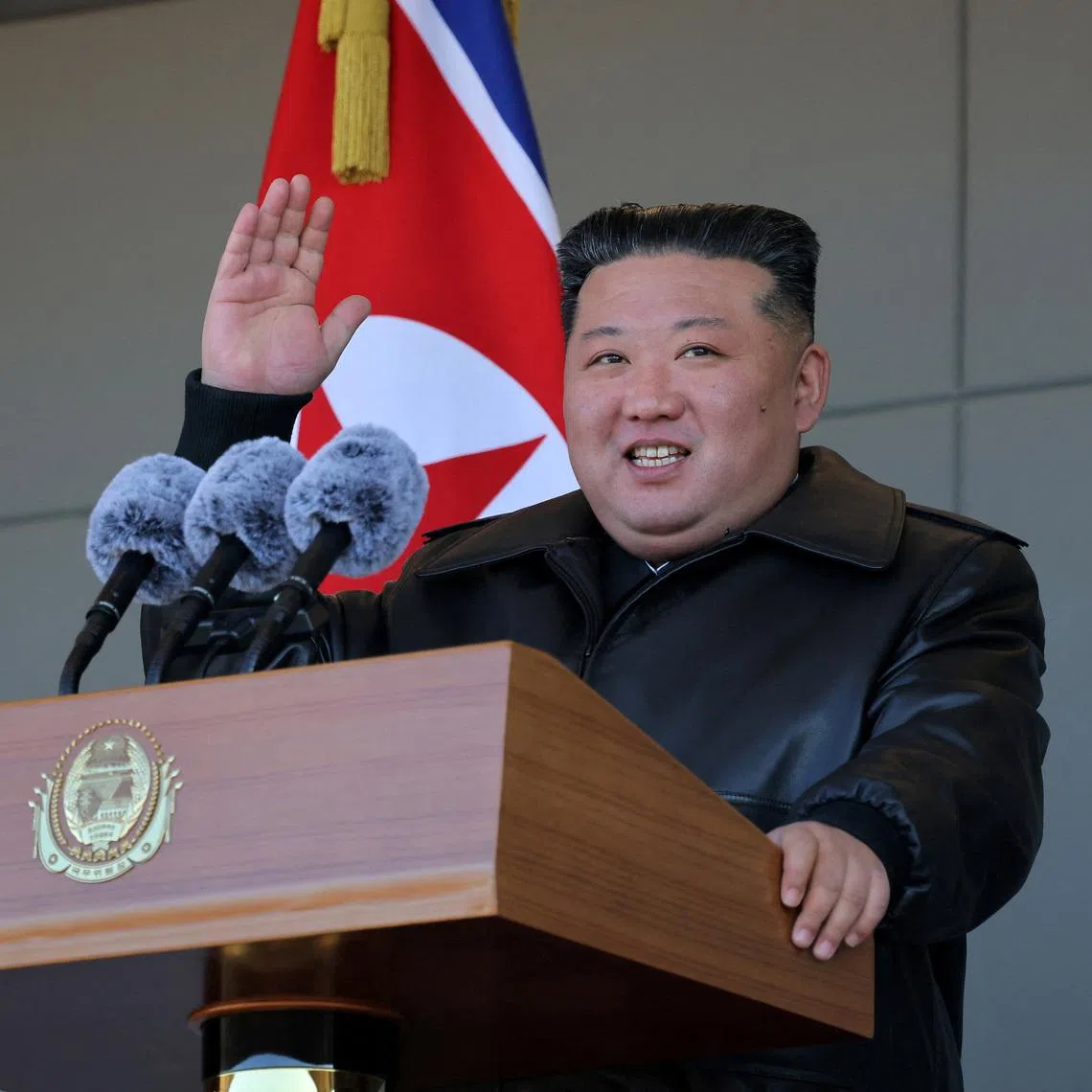 North Korean leader Kim Jong Un gestures as he visits a greenhouse farm construction site along the country's border with China, in North Korea, January 2, 2026, in this picture released by North Korea's official Korean Central News Agency. KCNA via REUTERS