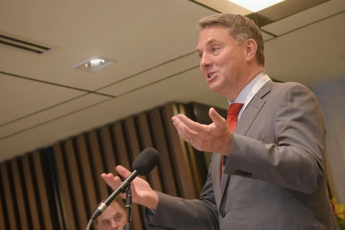 Australia Deputy Prime Minister and Minister for Defence Richard Marles speaks to the media during day 1 of the IISS Shangri-La Dialogue on June 3, 2023.