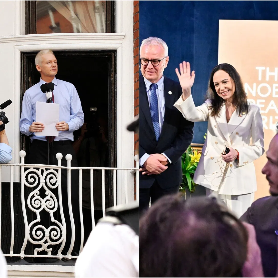 WikiLeaks founder Julian Assange (left, in 2012) is unhappy with the Nobel Foundation for awarding its Peace Prize to Venezuelan opposition leader Maria Corina Machado.
