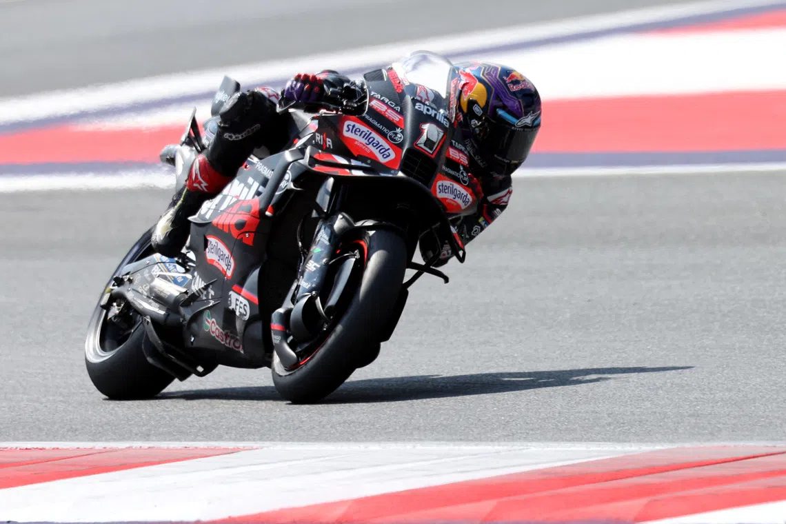 FILE PHOTO: MotoGP - Austrian Grand Prix - Red Bull Ring, Spielberg, Austria - August 16, 2025 Aprilia Racing's Jorge Martin during qualifying REUTERS/Gintare Karpaviciute/File Photo
