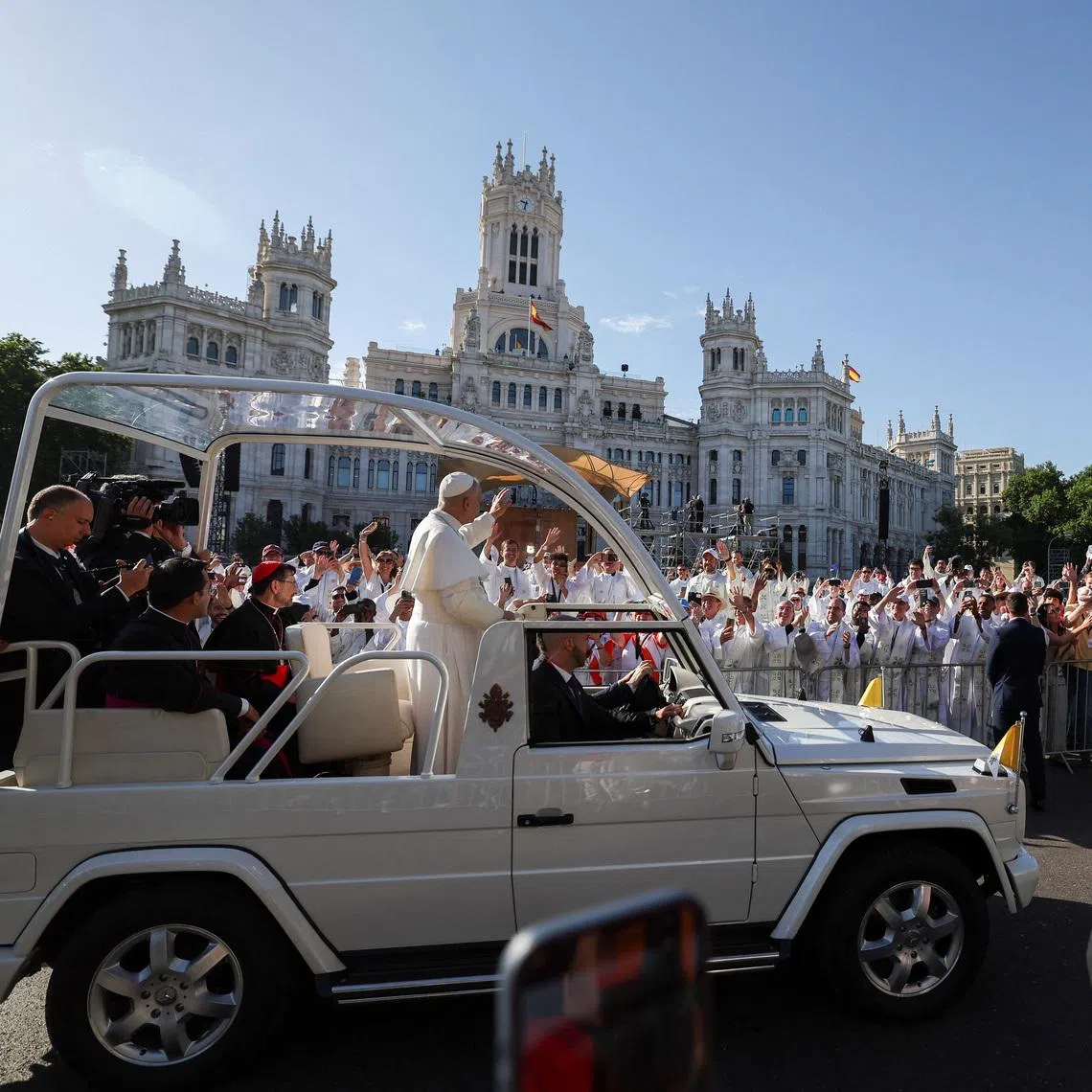 Pope Leo arrives to celebrate Holy Mass at Plaza de Cibeles, during his apostolic journey in Madrid on June 7. The mass is expected to be the largest event during his week-long visit to Spain.