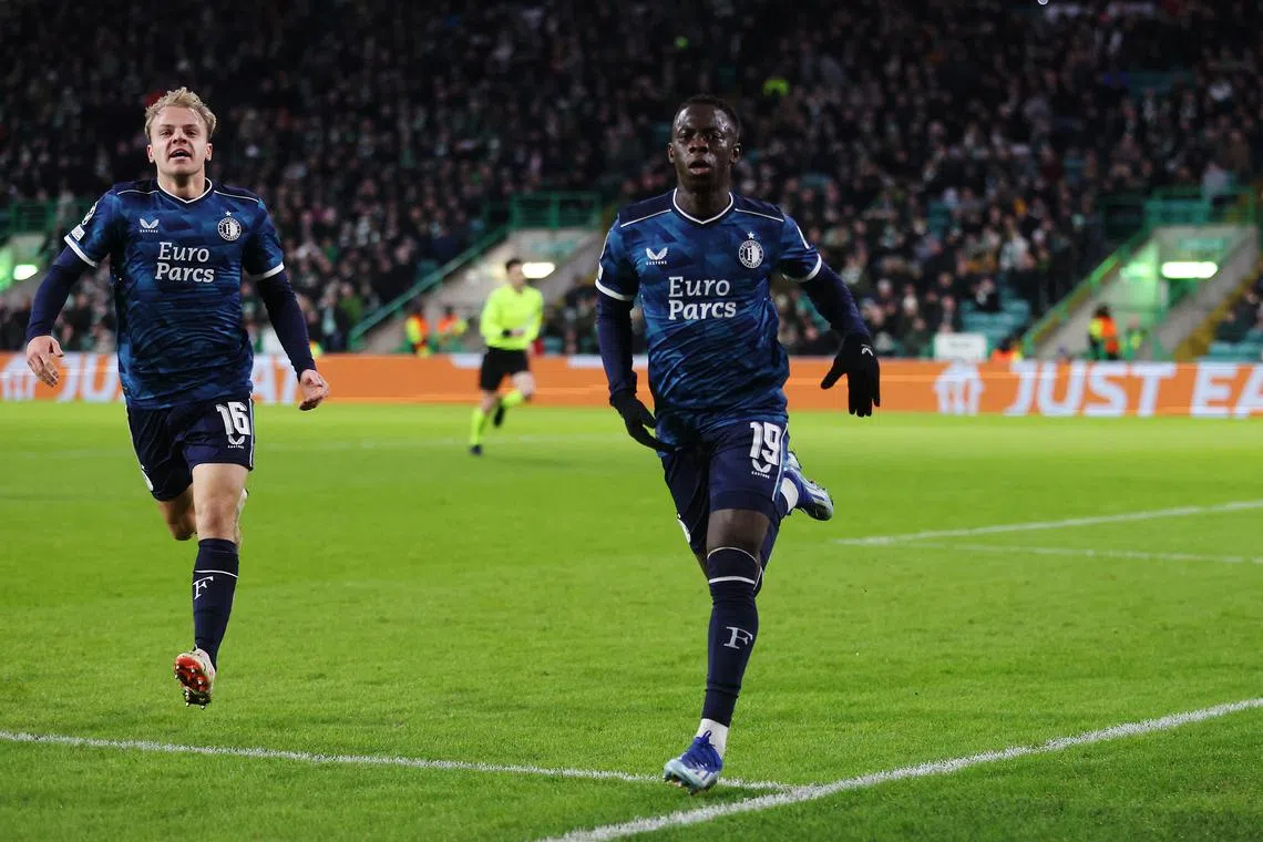 FILE PHOTO: Soccer Football - Champions League - Group E - Celtic v Feyenoord - Celtic Park, Glasgow, Scotland, Britain - December 13, 2023 Feyenoord's Yankuba Minteh celebrates scoring their first goal REUTERS/Russell Cheyne
