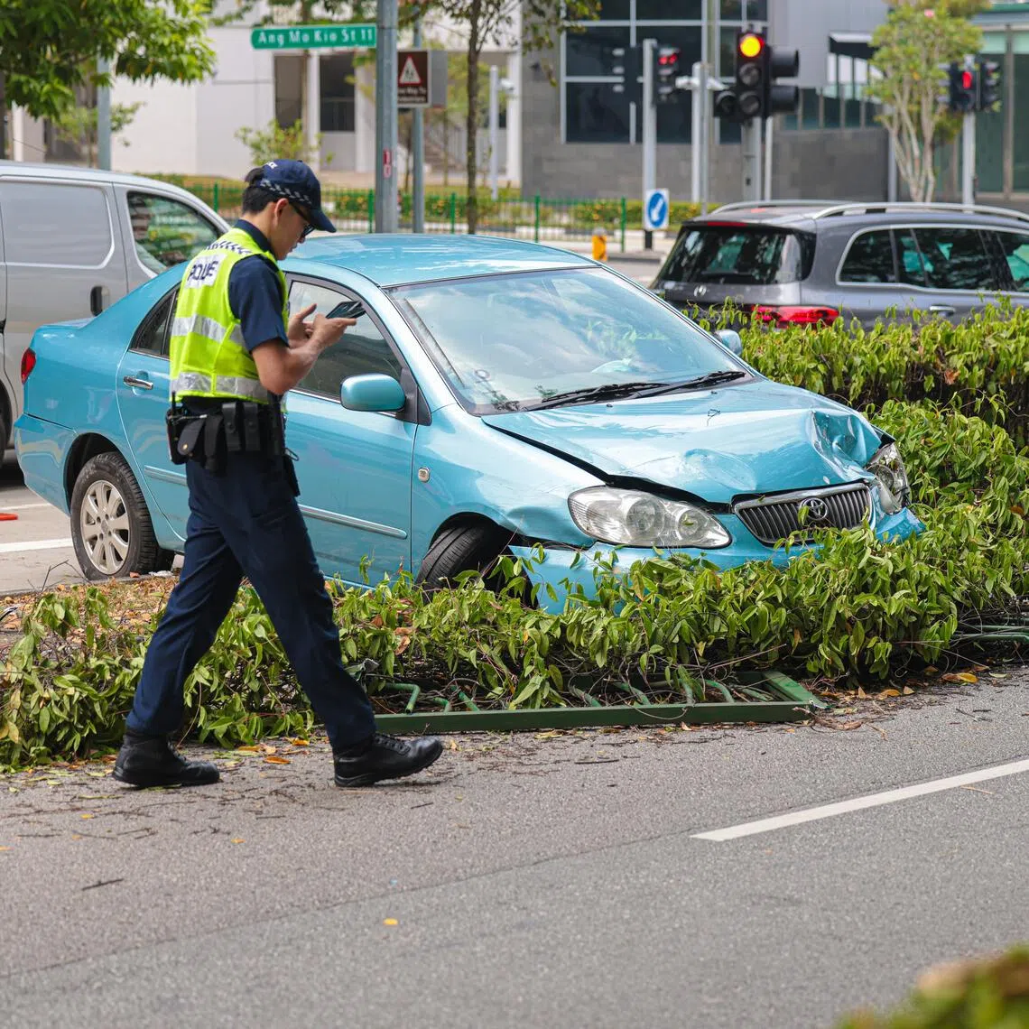The car is believed to have skidded at the junction of Ang Mo Kio Street 11 and Ang Mo Kio Avenue 4 on the morning of Aug 24.