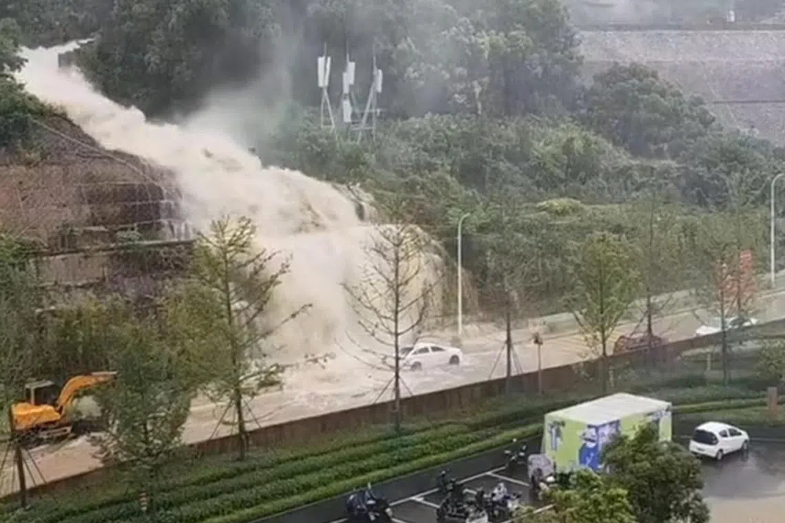 A view shows flooding following heavy rainfall brought by Typhoon Talim, in Fuzhou, Fujian province, China on July 17, 2023 in this screen grab taken from a handout video. 