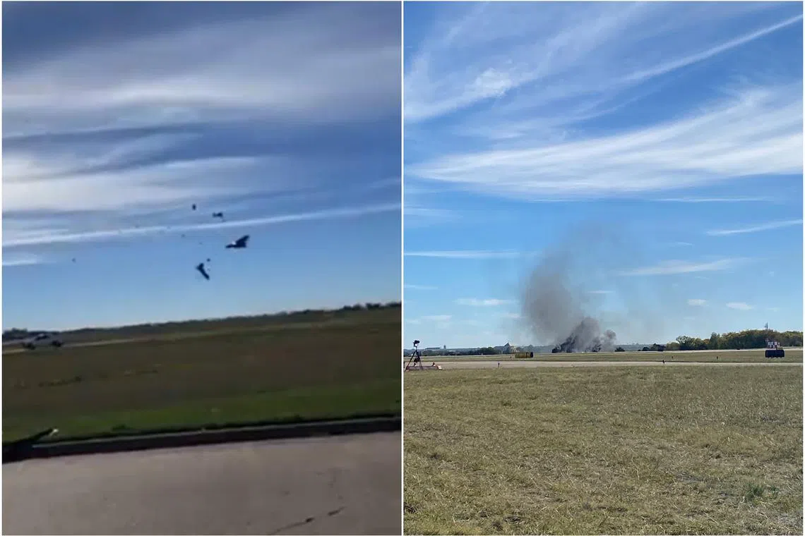 Smoke rising from the crash after two planes collided mid-air during the Wings Over Dallas Airshow. 